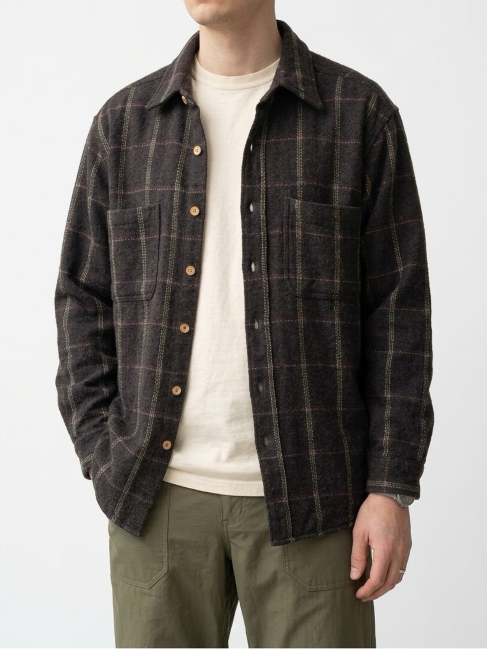 NAMASTE WOOLENS Vintage Wool Blend Plaid Overshirt Shacket Brown | Large